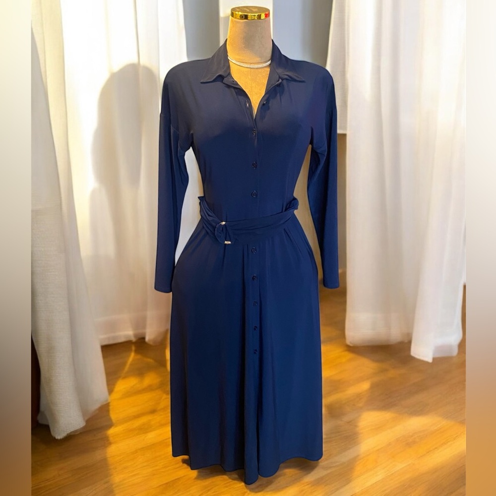 SOLD- Elegant Navy Blue Button-Down Dress - Picture 2 of 4